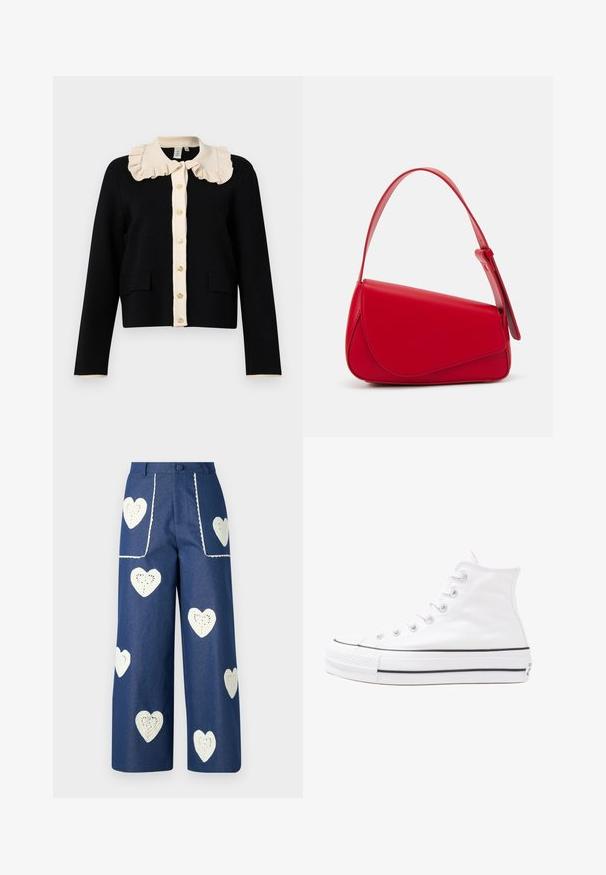 Čierny skrátený kardigán s krémovým volánovým golierom, zlatým zapínaním a dvoma prednými vreckami; texturovaná látka s kontrastným lemovaním rukávov.; Kvetinová blúzka s dlhými puff rukávmi, svetlovo krémovej farby, so vzormi kvetov v purpurovej, oranžovej a zelenej farbe, a klasickým dizajnom goliera.; Sister Jane HEART TO HEART - Džínsy s rovným strihom - blue denim; Biele vysoké plátené tenisky s čiernou gumovou podošvou, prednou gumovou špičkou a šiestimi okami na šnúrky, s čistým, minimalistickým dizajnom.; Červená kožená kabelka s ostrým, geometrickým dizajnom. Má jeden nastaviteľný popruh a uzatváranie na klopu so šitím.