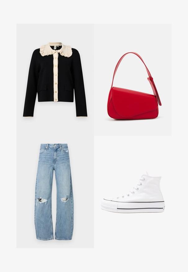 Črna skrajšana kardigan z kremasto nabranim ovratnikom, z zlatim gumbom in dvema sprednjima žepoma; teksturirana tkanina z kontrastnim robom rokavov.; Cvetna bluzica z dolgimi puff rokavi, svetlo smetanaste barve, s purpurnimi, oranžnimi in zelenimi cvetličnimi vzorci ter klasičnim ovratnikom.; Svijetloplave traperice visoki struk. Imaju široke nogavice, dva poderana područja na koljenima i klasičan petotoksi stil.; Beli visoki platneni športni čevelj z črnim gumijastim podplatom, sprednjim gumijastim zaščitnikom za prste in šestimi luknjicami za vezalke, ki se ponaša s preprostim, minimalističnim dizajnom.; Rdeča usnjena torba z angularnim, geometrijskim dizajnom. Ima en samostoječ nastavljiv ročaj in pokrov, zaprt z zapiranjem, ki je okrašen s šivi.