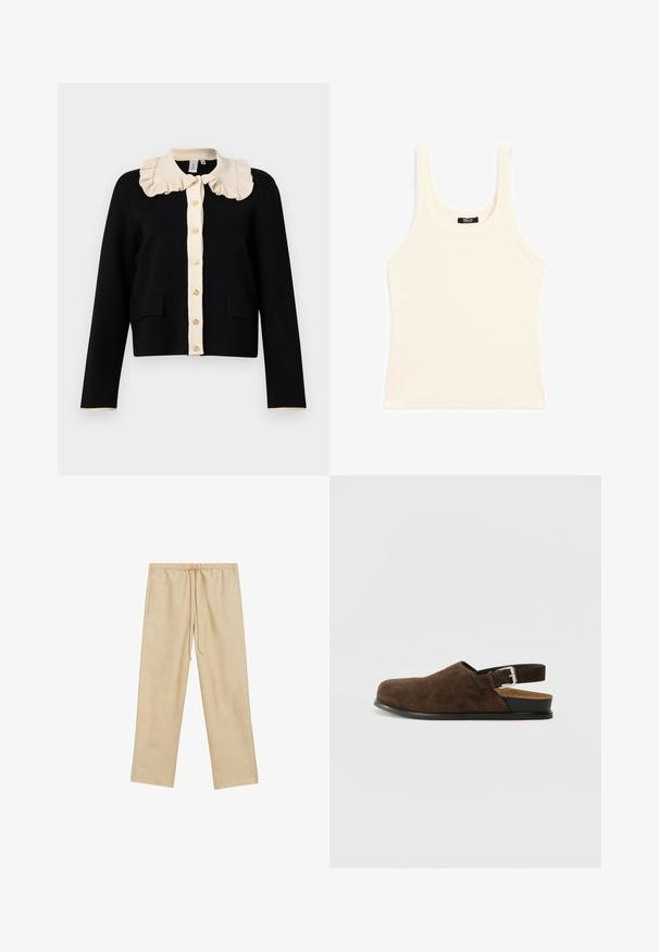 Cardigan noir coupé avec un col en crème à volants, fermeture à boutons dorés et deux poches avant ; tissu texturé avec un bord de manche contrastant.; Débardeur beige clair en tissu côtelé, avec un col rond et des bretelles larges, d'une coupe ajustée et avec un minimalisme dans le design.; Pantalons beige clair, amples, avec une taille élastique et un cordon de serrage. Présente deux poches latérales et une texture lisse.; Chaussure en suédine marron à enfiler avec un petit talon, une sangle ajustable avec une boucle en argent et une semelle en caoutchouc noire.