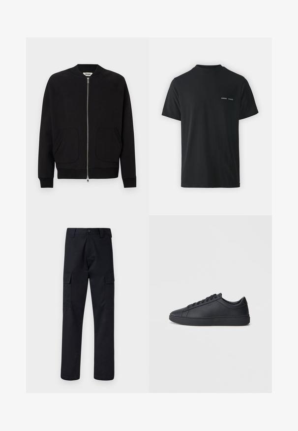Giubbotto bomber nero con zip frontale, colletto e polsini a coste, due tasche anteriori, realizzato in un materiale morbido, con un design pulito.; Maglietta nera in cotone con collo a giro classico, maniche corte e due piccoli loghi bianchi "SAMSØE" sul lato sinistro del petto.; Pantaloni cargo neri realizzati in un tessuto resistente, con un taglio dritto, due tasche laterali e una chiusura a bottone in vita.; Sneakers neri realizzati in pelle liscia, con design a bassa cima, punta rotonda e suola piatta in gomma. Presentano lacci e un branding discreto.