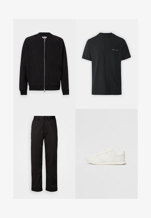 Black bomber jacket with a zip front, ribbed collar and cuffs, two front pockets, made from a soft material, featuring a clean design.; Black cotton t-shirt with a classic crew neck, short sleeves, and two small white "SAMSØE" logos on the left chest.; Black trousers made of smooth fabric, featuring a zip fly, button closure, and rolled cuffs for a casual design.; White sneaker with a mesh and synthetic upper, round toe, flat laces, and a textured side stripe. Rubber sole with a pull tab at the back.