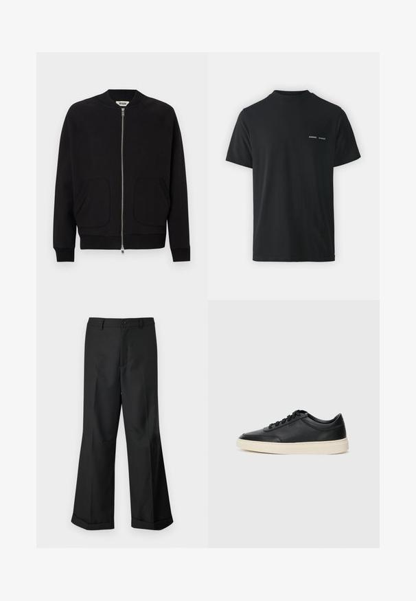 Schwarze Bomberjacke mit Reißverschluss vorne, geripptem Kragen und Bündchen, zwei Vordertaschen, aus einem weichen Material gefertigt und mit einem klaren Design versehen.; Schwarzes Baumwoll-T-Shirt mit klassischem Rundhalsausschnitt, kurzen Ärmeln und zwei kleinen weißen "SAMSØE"-Logos auf der linken Brust.; Schwarze weit geschnittene Hosen mit geknöpftem Bund und umgeschlagenen Säumen, vor einem schlichten weißen Hintergrund präsentiert.; Schwarzer niedriger Ledersneaker mit schwarzen Schnürsenkeln und cremefarbenem Sohlenrand, seitlich auf weißem Hintergrund dargestellt.