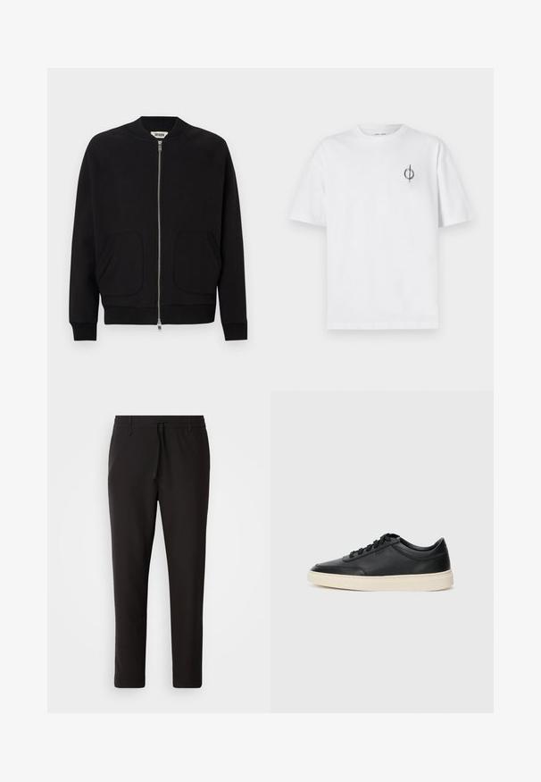 Black bomber jacket with a zip front, ribbed collar and cuffs, two front pockets, made from a soft material, featuring a clean design.; White cotton t-shirt with a relaxed fit, featuring a small black graphic logo on the left chest area. Short sleeves, crew neck style.; Black jogger pants made of smooth fabric. Feature an elastic waistband with a drawstring, tapered legs, and no visible pockets. Simple design.; Black low-top leather sneaker with black laces and off-white sole shown in side profile on white background.