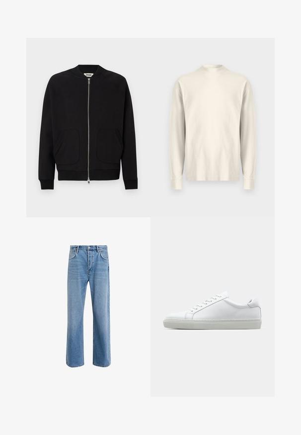 Black bomber jacket with a zip front, ribbed collar and cuffs, two front pockets, made from a soft material, featuring a clean design.; Long-sleeve, mock-neck shirt in light cream cotton. Smooth texture, relaxed fit, minimalist design, no visible patterns or accents.; Light blue denim jeans with a straight-leg design, five pockets, button closure, minimal fading, and contrasting stitching details.; White sneaker with a smooth leather upper and a low profile. Features a rounded toe, six eyelets, and a textured rubber sole.