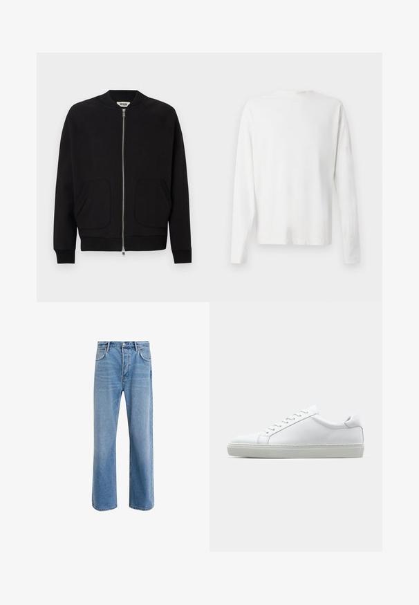 Chaqueta bomber negra con cierre de cremallera en la parte frontal, cuello y puños acanalados, dos bolsillos delanteros, fabricada con un material suave y con un diseño limpio.; Camisa de algodón blanca de manga larga con cuello redondo, aberturas laterales en la parte inferior y una textura suave, exhibida desde la parte de atrás.; Jeans de mezclilla azul claro con un diseño de pierna recta, cinco bolsillos, cierre de botón, ligeramente desgastados y detalles de costura en contraste.; Zapatilla blanca con parte superior de cuero liso y perfil bajo. Presenta una puntera redondeada, seis ojales y una suela de goma texturizada.