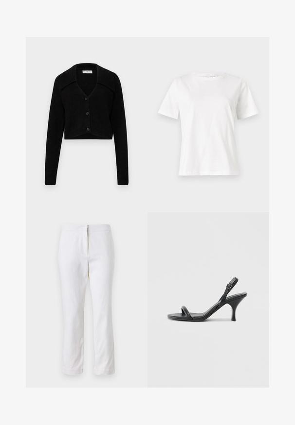 Melnā īsā kardigāna jaka, kas izgatavota no strukturētas auduma, ar plašu apkakli, V veida izgriezumu un pieciem priekšējiem pogām. Garas piedurknes ar ribu aprocēm.; Baltas kokvilnas T-krekls ar īsām piedurknēm, apaļu kakla izgriezumu un brīvu piegriezumu. Gluda tekstūra, bez rakstiem vai akcentiem, minimālistisks dizains.; Baltas kokvilnas bikses ar taisnu kāju dizainu, ar vidēju augstumu un bez redzamām detaļām vai rakstiem. Visā virsmā ir gluda tekstūra.; Melnas ādas augstpapēžu sandales ar plānu, izliekta formas papēdi un krustenisku siksnu dizainu. Regulējama potītes siksna. Gluda tekstūra.