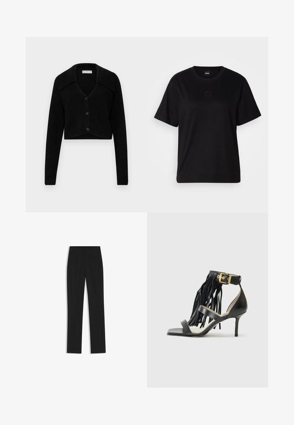Svart kort cardigan gjord av texturerad tyg, med en bred krage, v-ringning och fem knappar fram. Långa ärmar med ribbade manschetter.; Svart bomullströja med rund halsringning, korta ärmar och en broderad logotyp på bröstet. Enkel, avslappnad passform utan mönster.; Svarta skräddarsydda byxor med rak bendesign, som har framfickor och ett slätt, strukturerat tyg. Prydlig, minimal detaljer.; Svarta högklackade sandaler med fransdetaljer, ankelrem med gulddetaljer, platt fyrkantig tå och två korsande remmar över framsidan.