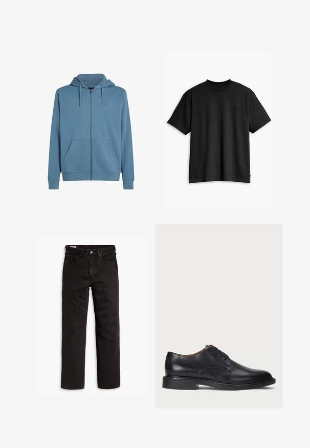 Light blue zip-up hoodie made of soft fabric. Features a front zipper, two side pockets, and drawstring hood. Logo on left chest.; Black cotton t-shirt with a crew neck and short sleeves. Features a subtle front logo and a straight hemline. Simple and minimalistic design.; Black straight-leg denim jeans with five pockets, button closure, and belt loops, laid flat on a white background.; Black leather dress shoe with a round toe, lace-up design, and a low stacked heel. Smooth texture with minimal stitching details.