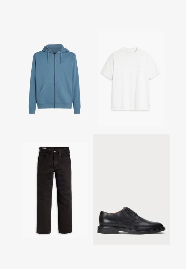 Šviesiai mėlyna užtraukiama džemperis, pagamintas iš minkštos medžiagos. Jame yra priekinis užtrauktukas, dvi šoninės kišenės ir stringų gaubtas. Logotipas kairėje krūtinės pusėje.; Balti medvilninė marškinėliai su trumpomis rankovėmis, apvali apykakle ir subtiliu šviesios spalvos „Levi's" logotipu priekyje.; Juodos tiesios kojų džinsinės kelnės su penkiomis kišenėmis, mygtuko užsegimu ir diržo kilpomis, išdėstytos plokščiai ant balto fono.; Juodas odinis suknių batelis su apvalia nosimi, raišteliais ir žemu, sukrautu kulnu. Lygus paviršius su minimaliais siuvinėjimo detalėmis.