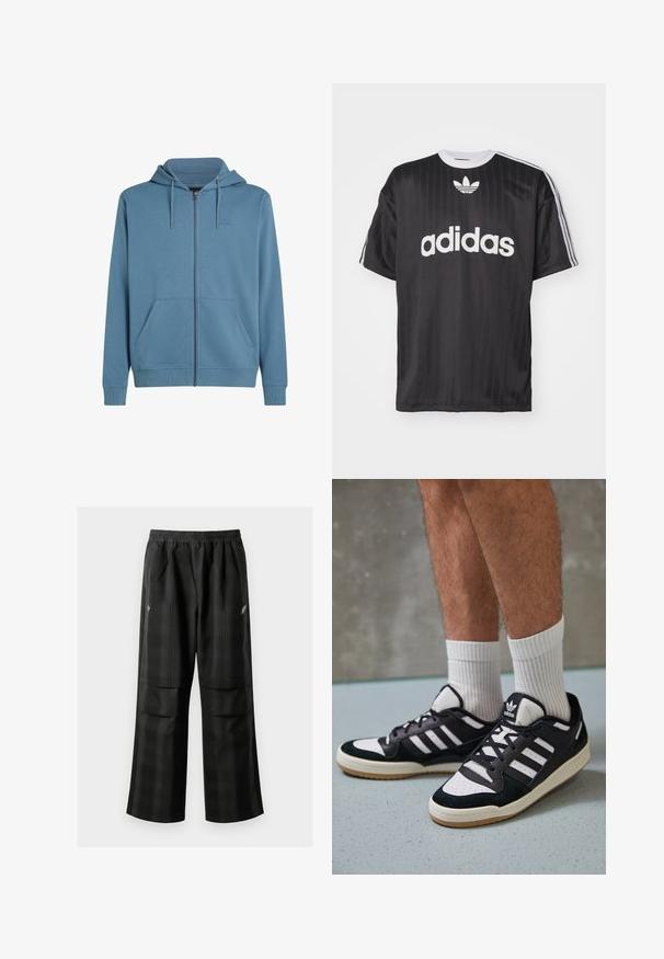 Hellenblaues Zip-Hoodie aus weichem Stoff. Verfügt über einen Frontreißverschluss, zwei Seitentaschen und eine Kapuze mit Kordelzug. Logo auf der linken Brust.; Schwarzes T-Shirt mit kurzen Ärmeln, das das weiße "adidas"-Logo und drei Streifen auf jeder Schulter zeigt. Hergestellt aus glattem, leichtem Material mit Rundhalsausschnitt.; Schwarze karierte Hosen mit elastischem Bund, zwei Fronttaschen und lockerer Passform im geraden Beinschnitt. Hergestellt aus leichtem Material.; Schwarz-weiße Sneaker mit einem Obermaterial aus Wildleder und Leder, ausgestattet mit drei weißen Streifen, einer perforierten Zehenpartie und einer Sohle aus Gummi.
