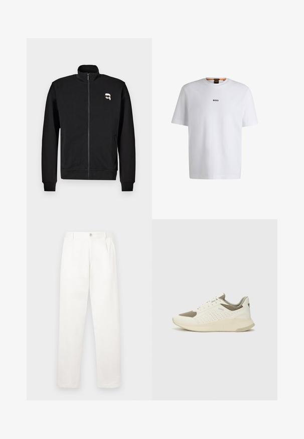 Svart zip-up hettegenser laget av bomullsblanding, med stående krage og ribbede mansjetter, med et lite tegneserieansikt-logo på venstre bryst.; Hvit bomulls T-skjorte med korte ermer, med en svart "BOSS" logo sentrert på brystet og rund halsdesign.; Hvite bukser laget av glatt stoff, med rett ben-design, frontfolder og en enkelt knappelukking i livet.; Hvit og lysebeige treningssko, med en mesh-overdel, perforerte detaljer og en teksturert mellomsåle med merkevare på hælen.