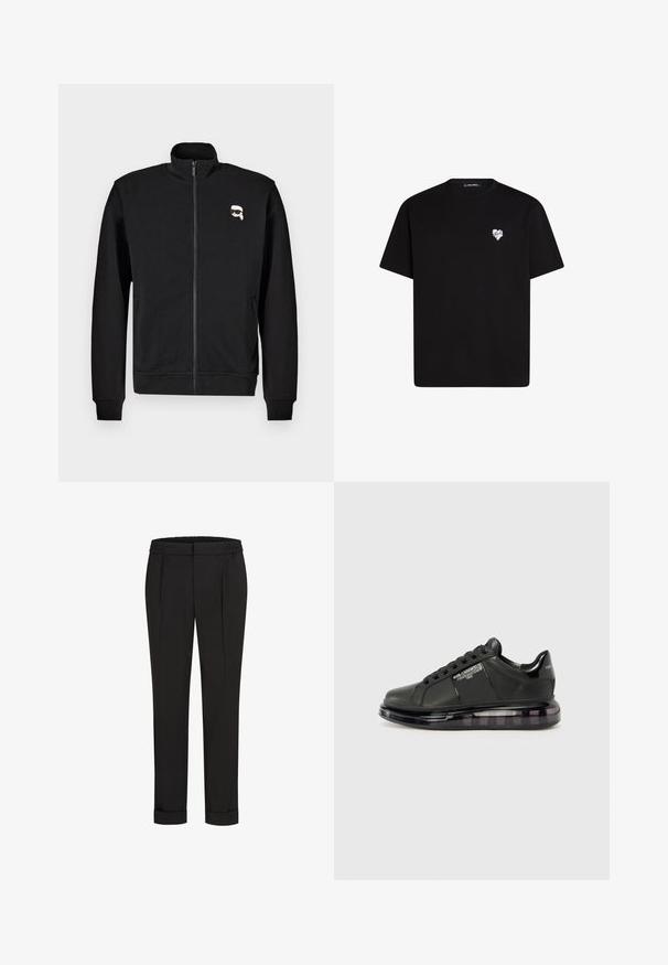 Crna zip-up dukserica od mješavine pamuka, sa stojećim ovratnikom i rebrastim rukavima, s malim logotipom crtića na lijevoj strani grudi.; Crna pamučna majica s kratkim rukavima, okruglim izrezom i malim bijelim grafičkim srcem na lijevoj strani prsnog dijela.; Crne hlače s elastičnom trakom u struku, s ravnim krojem i zavrnutim rubovima. Napravljene od glatkog, tkanog materijala bez uzoraka.; Crna sportska cipela s glatkom kožnom gornjom dijelu, zaobljenim vrhom i vezanjem. Sadrži prozirnu, ublaženu potplat s tamnim degradéom.