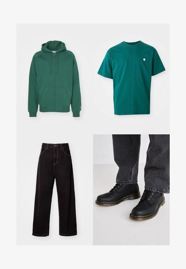 Zeleni zip-up dukserica napravljena od mekanog pamuka. Ima kapuljaču s užetom, prednje džepove i rebraste manžete s malim logotipom na rukavu.; Tirkizna pamučna majica s kratkim rukavima, okruglim izrezom i malim bijelim logotipom na gornjem lijevom dijelu prsnog koša. Glatka tekstura, opušteni kroj.; Crne traperice širokih nogavica s kontrastnim šavovima, dizajnom sa pet džepova i kopčanjem na gumb sprijeda. Glatka tekstura i čvrsta tkanina.; Crne kožne čizme na vezanje s teksturiranim završetkom, debelim gumenim đonom i žutim šavovima, uparene sa sivim farmerkama.