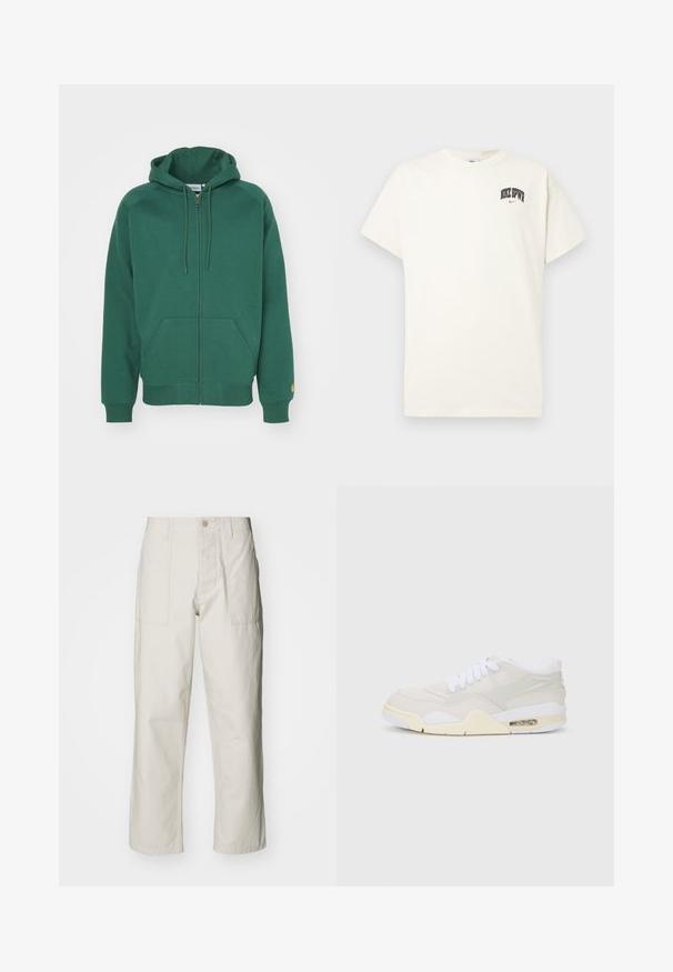 Haut à zip vert en coton doux. Comprend une capuche avec cordon de serrage, des poches frontales et des poignets côtelés avec un petit logo sur la manche.; T-shirt en coton couleur crème à manches courtes, avec "NIKE SB" en texte noir et rouge sur la poitrine. Col rond standard.; Pantalons larges beige clair en coton. Dotés de poches avant et d'une fermeture à bouton. Texture lisse avec de légères lignes verticales.; Baskets avec une tige synthétique beige clair, des lacets blancs et un amorti visible. Présentent une semelle lisse et des accents latéraux subtils.