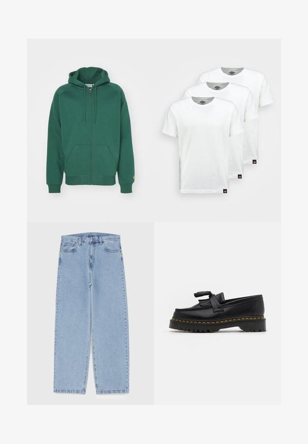 Grüne Kapuzenjacke mit Reißverschluss aus weichem Baumwollmaterial. Sie verfügt über eine verstellbare Kapuze, Vordertaschen und gerippte Bündchen mit einem kleinen Logo am Ärmel.; Drei schlichte weiße Baumwoll-T-Shirts mit kurzen Ärmeln. Jedes Shirt hat einen runden Ausschnitt und ein kleines schwarzes Logotipo auf der linken Seite.; Hellblaue Jeans aus Denim mit geradem Bein, ausgestattet mit einer mittelhohen Taille, fünf Taschen sowie einem Knopf- und Reißverschluss.; Schwarze Lederloafers mit einem fransenverzierten Akzent, ausgestattet mit einer robusten schwarzen Sohle und gelber Naht entlang der Kante. Texturierte Oberfläche.