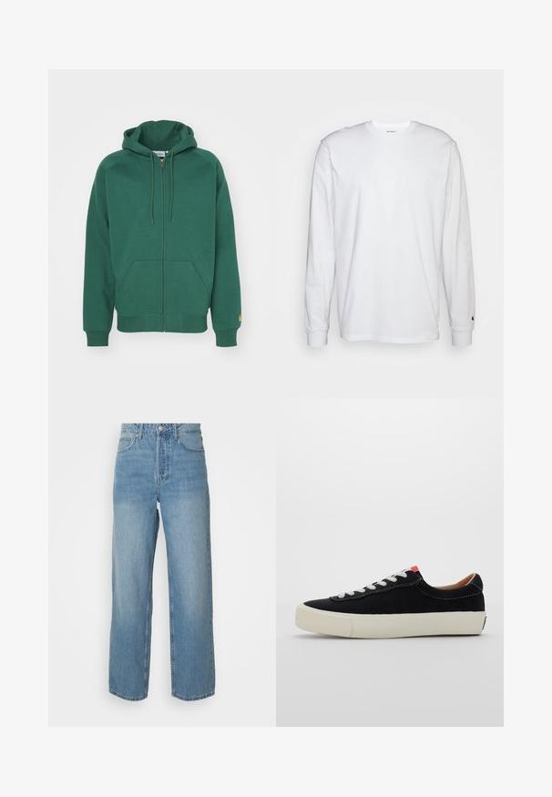 Haut à zip vert en coton doux. Comprend une capuche avec cordon de serrage, des poches frontales et des poignets côtelés avec un petit logo sur la manche.; T-shirt blanc à manches longues en coton. Design à col rond avec des poignets côtelés et un petit logo sur la manche gauche. Texture lisse.; Jeans en denim léger bleu clair taille haute avec des jambes droites, fermeture à bouton à l'avant et style à cinq poches sur fond uni.; Baskets en tissu noir avec lacets blancs, semelle en caoutchouc beige et accent rouge au talon. Bout arrondi et détails de couture minimes.