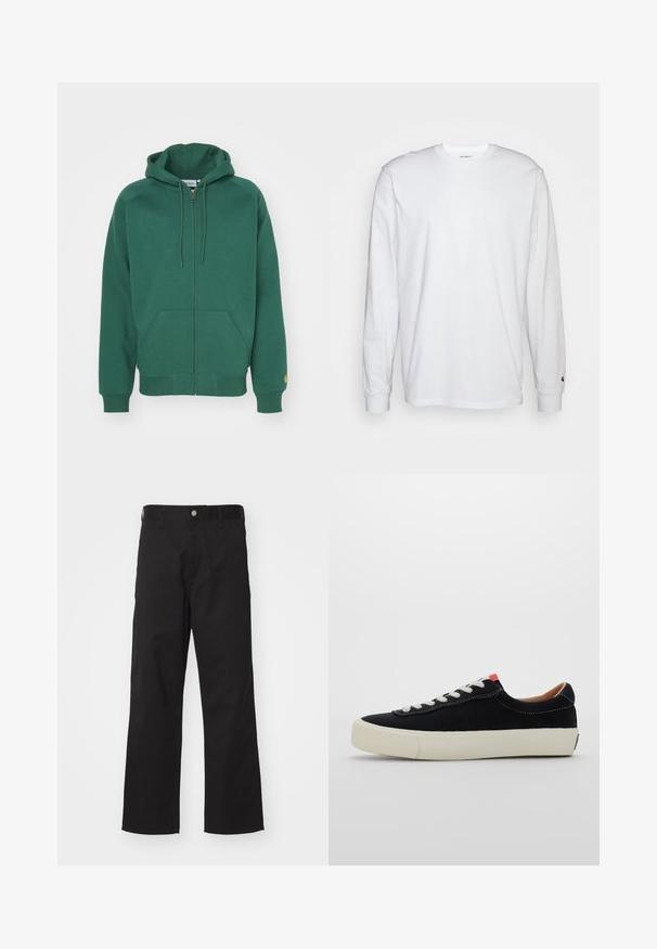 Zelená mikina na zips vyrobená z mäkkého bavlneného materiálu. Má kapucňu na šnúrku, predné vrecká a rebrované manžety s malým logom na rukáve.; Biela dlhá bavlnená tričko s dlhým rukávom. Dizajn s okrúhlym výstrihom a rebrovanými manžetami, malá nášivka na ľavom rukáve. Hladká textura.; Čierne nohavice vyrobené z odolnej látky so zarovnaným strihom, s predným zapínaním na gombík, pások na opasok a bez viditeľných vzorov alebo akcentov.; Čierne textilné tenisky s bielymi šnúrkami, béžovou gumovou podrážkou a červeným akcentom na päte. Zakrivená špička a minimálne prešívanie.