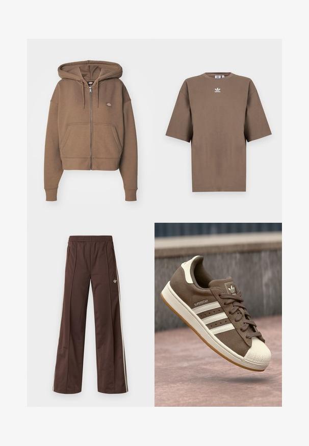 Brun zip-up hettegenser laget av mykt stoff, med en frontlomme, snøring i hetten og en liten logo på brystet. Kuttet design.; Brun bomulls t-skjorte med korte ermer, rund hals og hvit Adidas-logo sentrert på brystet, med ensartet design og avslappet passform.; Brune treningsbukser med vid ben-design, hvite sidestriper, elastisk midje og to sidelommer. Har en liten logo på benet.; Brune semsket sneakers med hvite striper, kremfargede detaljer og gummiskalltå. Har snøring og teksturert gummisåle.