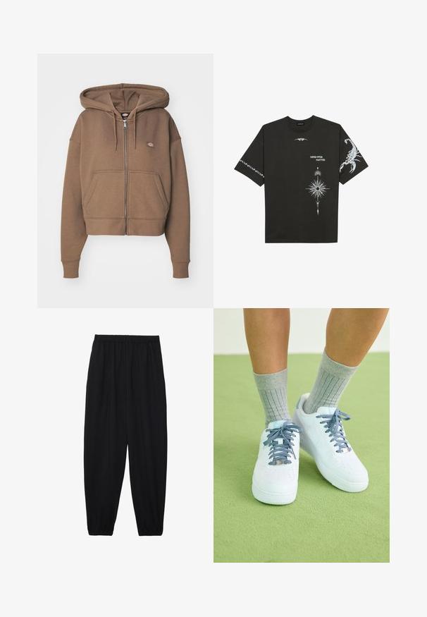 Brun zip-up hettegenser laget av mykt stoff, med en frontlomme, snøring i hetten og en liten logo på brystet. Kuttet design.; Svart bomull T-skjorte med hvite grafiske trykk, inkludert en skorpion og abstrakte design. Korte ermer; rund hals.; Svarte, lette bukser med elastisk liv og rynkede ankler. Stoffet er glatt og har en avslappet, innsvingt design.; Hvite lær sneakers med blå detaljer, perforert tådesign og teksturerte blå-hvite lisser, brukt med grå ribbestrikkede sokker.