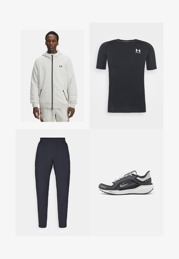 Haut à capuche blanc matelassé avec zip et accents noirs, doté d'une capuche, de poignets élastiques et de poches latérales. Logo visible sur la poitrine.; T-shirt de sport noir à manches courtes, fabriqué en tissu extensible à évacuation de l'humidité. Il possède un col rond et un petit logo blanc sur la poitrine.; Pantalons de sport noirs avec une texture lisse, coupe slim, taille élastique et poches latérales. Présente un petit logo sur la cuisse gauche.; Baskets de sport noires et grises avec un empeigne en maille, des accents réfléchissants et un intermédiaire blanc. Comprend une semelle extérieure en caoutchouc texturé et des lacets.