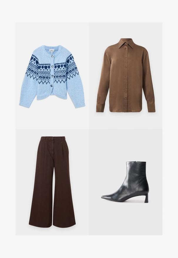 Svetlo modra volnena jopica z temno modrim geometrijskim vzorcem, okrogel izrez, dolgi rokavi in pet gumbov za zapiranje spredaj.; Rjav dolg rokav s srajco s gumbi in koničastimi ovratniki in manšetami, prikazana na enostavni beli podlagi.; Svetle rjave hlače širokega kroja z visokim pasom, z zaponko in zadrgo, z zankami za pas in sprednjimi gubami.; Črne usnjene gležnjarje s šiljastim nosom in elegantnim dizajnom. Imajo nizko peto in zadrgo na zadnji strani. Gladka tekstura.