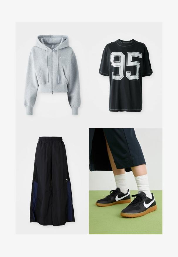 Šedá skrátená mikina s kapucňou vyrobená z mäkkého materiálu, so predným zipsom, šnúrkami a dvoma prednými vreckami. Logo Nike na ľavej hrudi.; Čierne bavlnené tričko s krátkymi rukávmi, na prednej strane s bielou potlačou čísla "95" a kontrastným prešitím pozdĺž okrajov.; Čierne voľné nohavice vyrobené z ľahkého materiálu, s námorníckym modrým postranným panelom a elastickým pásom. Malé biele logo na spodnej časti.; Čierne kožené a syntetické tenisky so bielym logom Nike, gumenou podrážkou, okrúhlou špičkou a čiernymi šnúrkami. Viditeľné biele pruhované ponožky.
