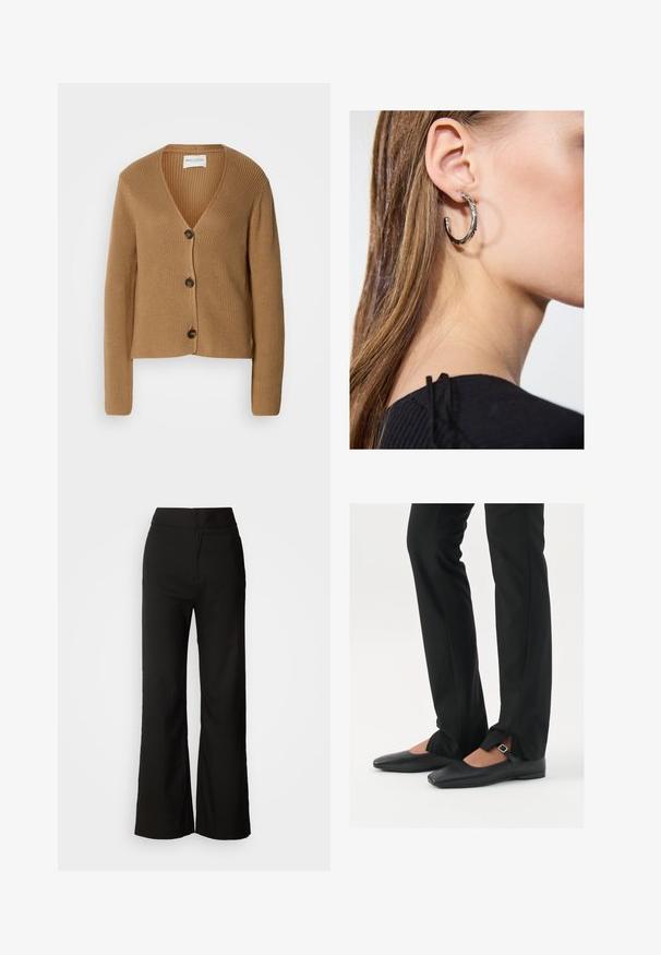 Šviesiai rudos spalvos megzta kardiganas su ilgomis rankovėmis ir trimis tamsiomis mygtukais priekyje, turintis V-formos iškirpimą ir raštuotą tekstūrą.; Juodas tanktopas, pagamintas iš minkštos, elastingos medžiagos. Jame yra apykaklės forma ir plačios petnešos, su prigludusia siluetu ir lygiu paviršiumi.; Juodos plačios kelnės su lygiu paviršiumi, aukšta liemeni, ir švariu dizainu. Nėra matomų kišenių ar papuošimų.; Juodų odinių balerinų batų su smailiu priekiu, juostele su sidabro sagtimi, derinami su juodomis pritaikytomis kelnėmis, turinčiomis plyšinį hemą.; Sidabrinė lankinė auskarai su poliruotu paviršiumi, turintys mažus auksinius akcentus ir apvalią formą, dėvimi ant ausies kaušelio.