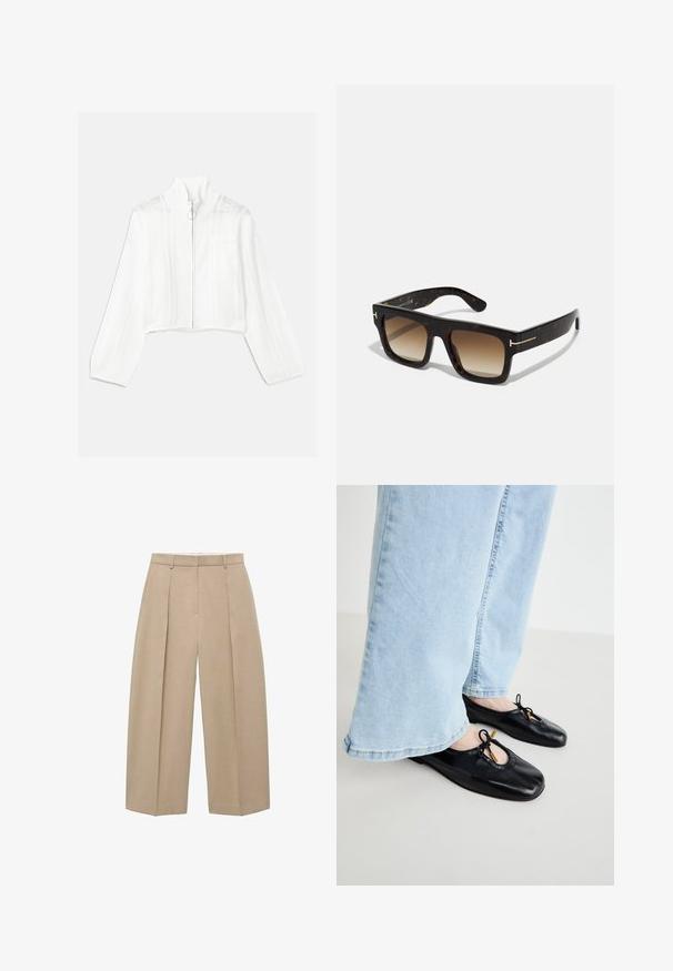 Weiße, taillierte Zip-Jacke mit hohem Kragen, die über Netzakkzente und eine Fronttasche verfügt. Hergestellt aus strukturierter Strickware. Runde Reißverschlusslasche.; Hellblaues Button-Down-Hemd aus Baumwolle mit langen Ärmeln, spitzem Kragen und kleinem gesticktem Logo auf der linken Brust.; Beige, weit geschnittene Hosen hängen vertikal, mit vorderen Falten und einem flachen Bund, der einen neutralen und eleganten Stil zur Schau stellt.; Schwarze Leder-Ballettschuhe mit runder Zehenpartie, die mit einem Ausschnitt und einer Schleifendetail versehen sind, getragen mit hellblauen weit geschnittenen Jeans.; Schildpatt-Sonnenbrille mit quadratischem Rahmen, braunen verlaufenden Gläsern und subtilen goldfarbenen Hardware-Details an den Bügeln.