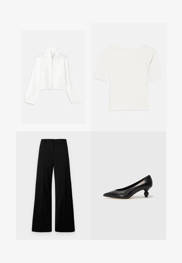 Chaqueta blanca corta con cremallera y cuello alto, que presenta detalles de malla y un bolsillo frontal. Fabricada en tejido de punto texturizado. Tirador de cremallera en forma circular.; Top blanco de manga corta acanalado con un escote amplio. La textura presenta rayas verticales, enfatizando un ajuste ceñido y un diseño sencillo.; Pantalones de pierna ancha negros con una textura suave, cinturilla estructurada y pliegues frontales. Diseño minimalista sin hardware visible.; Zapato de tacón alto de cuero negro con puntera afilada y un tacón redondeado y abombado. Textura suave con un diseño elegante y minimalista.