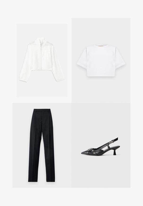 Witte cropped zip-up jack met een hoge kraag, voorzien van mesh-details en een voorklep. Gemaakt van een gestructureerde brei-stof. Ronde ritshendel.; Gemiddelde witte T-shirt gemaakt van zachte stof, met korte mouwen, een ronde halslijn en geribbelde zoomdetails. Eenvoudig en ongecompliceerd ontwerp.; Zwarte broek gemaakt van gladde stof met een hoge taille, wijde benen, voorplooien en klassieke ceintuurlussen. Geen zijzakken zichtbaar.; Zwarte leren slingback schoen met een puntige neus, decoratieve banden met metalen oogjes en een lage blokhak. Textuur oppervlak.