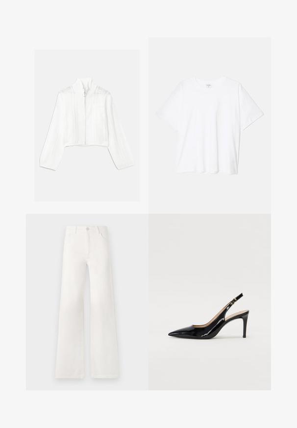 Biała krótka kurtka zapinana na zamek z wysokim kołnierzem, z siateczkowymi akcentami i przednią kieszenią. Wykonana z teksturowanej dzianiny. Okrągły uchwyt zamka.; Biała bawełniana koszulka z krótkim rękawem, okrągłym dekoltem, luźnym krojem i przeszytym brzegiem. Metka widoczna wewnątrz dekoltu.; Białe dżinsy z wysokim stanem i szerokimi nogawkami. Wykonane z denimu. Posiadają zapięcie na guzik, dwie kieszenie z przodu oraz boczne szwy ze szczegółami w postaci przeszyć.; Czarne lakierowane szpilki typu slingback z szpiczastym noskiem, smukłym obcasem i subtelnym wycięciem. Posiadają złotą klamrę na pasku.