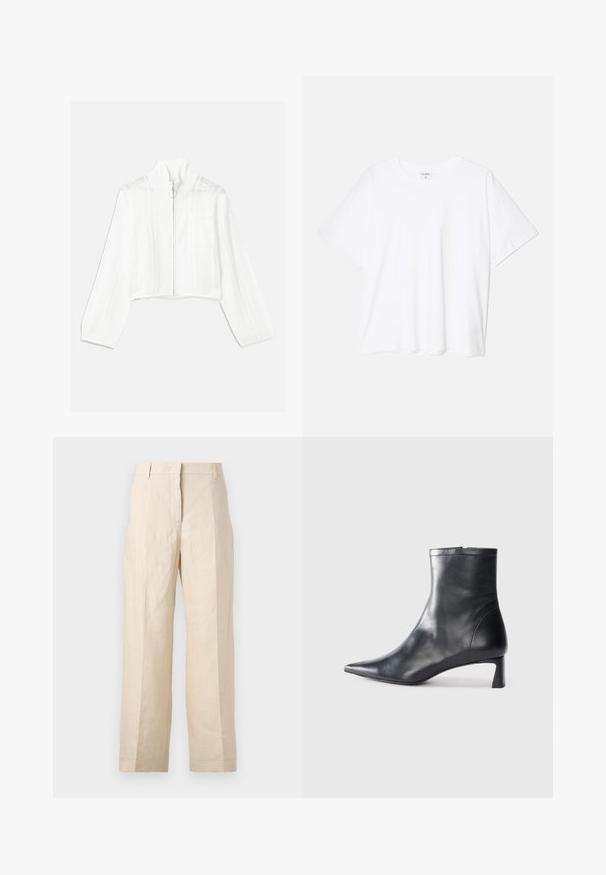 White cropped zip-up jacket with a high collar, featuring mesh accents and a front pocket. Made of textured knit fabric. Circular zipper pull.; White cotton t-shirt with short sleeves, round neckline, relaxed fit, and stitched hem. Label visible on the inside neck.; Beige linen trousers with a loose fit, pleated front, and straight legs. Features a waistband with belt loops and no visible pockets.; Black leather ankle boot with a pointed toe and a sleek design. Features a low heel and a zipper closure at the back. Smooth texture.