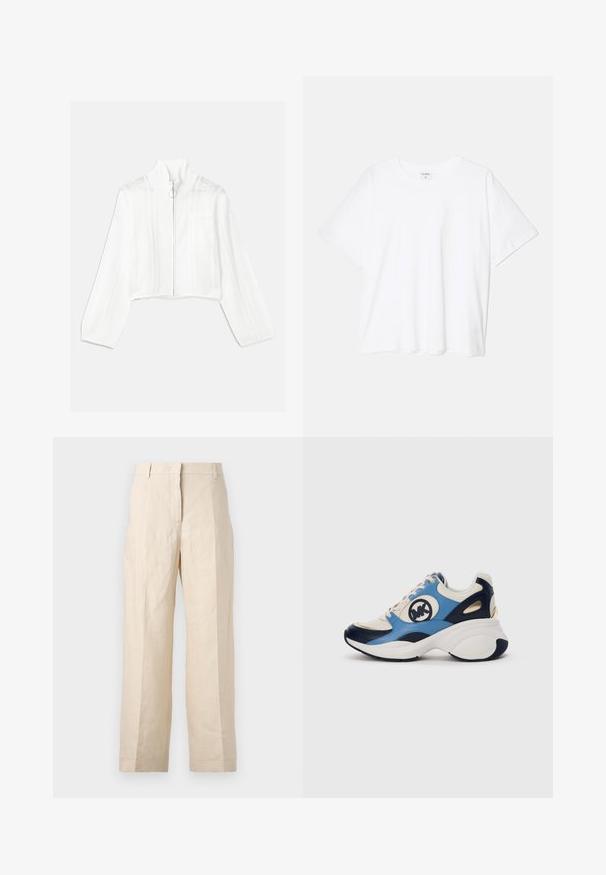 Jaqueta branca curta com fecho éclair e colarinho alto, apresentando detalhes em malha e um bolso frontal. Feita de tecido de malha texturizada. Puxador circular do fecho éclair.; T-shirt de algodão branco com mangas curtas, decote redondo, corte descontraído e bainha cosida. Etiqueta visível no interior do pescoço.; Calças de linho bege com um corte solto, frente plissada e pernas retas. Apresentam uma cintura com passantes para cinto e sem bolsos visíveis.; Sapatilhas de camurça brancas, azuis-marinho e azuis claras com sola chunky e logótipo bordado circular ao lado.