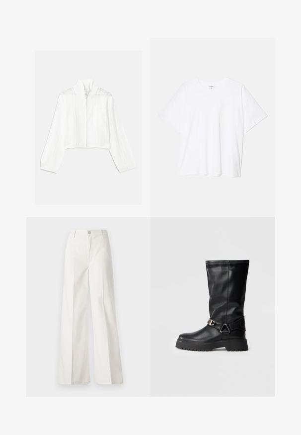White cropped zip-up jacket with a high collar, featuring mesh accents and a front pocket. Made of textured knit fabric. Circular zipper pull.; White cotton t-shirt with short sleeves, round neckline, relaxed fit, and stitched hem. Label visible on the inside neck.; White wide-leg trousers made from cotton with a smooth texture. Features a front button, zipper fly, and four-pocket design.; Black knee-high boots made of smooth leather, featuring a buckle accent on the side and a thick, textured sole for grip.