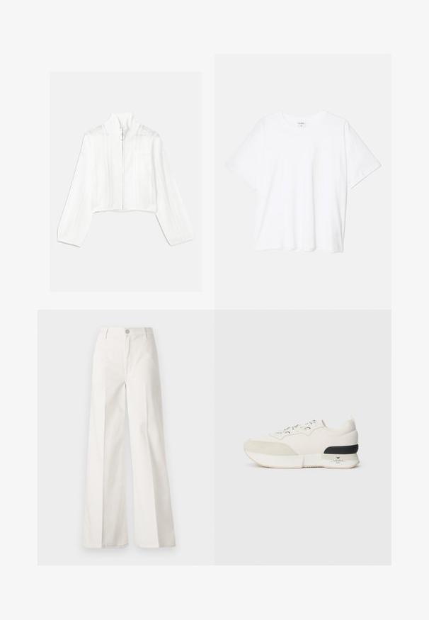 Hvit avkortet jakke med glidelås og høy krage, med mesh-detaljer og en frontlomme. Laget av strukturert strikket stoff. Sirkulært glidelåstrekk.; Hvit bomulls t-skjorte med korte ermer, rund hals, avslappet passform og sydd kant. Merke synlig på innsiden av halsen.; Hvite vide bukser laget av bomull med en glatt tekstur. Har en frontknapp, glidelåsgylf og fire lommer.; Hvite sneakers med en teksturert ser ut som en suede tåhette, glatt mesh-overdel, dekorative snørebånd og en svart gummihælaccent.