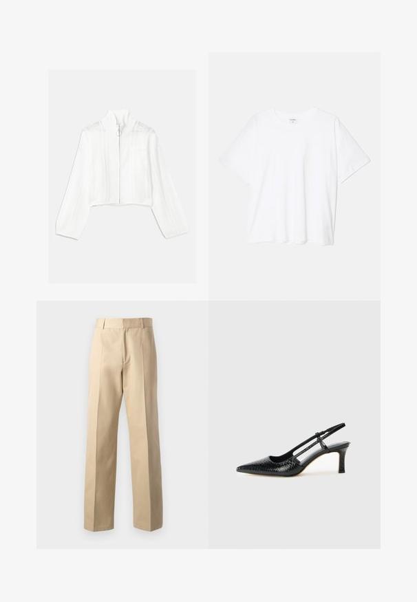 Hvit avkortet jakke med glidelås og høy krage, med mesh-detaljer og en frontlomme. Laget av strukturert strikket stoff. Sirkulært glidelåstrekk.; Hvit bomulls t-skjorte med korte ermer, rund hals, avslappet passform og sydd kant. Merke synlig på innsiden av halsen.; Beige skreddersydde bukser med rett ben-design, som har en jevn tekstur, sentrale frontfolder og en klassisk midje.; Sorte patent slingback hæl med spids tå, featuring tekstureret slangeskind, justerbar rem og en kort, tekstureret blokhæl.