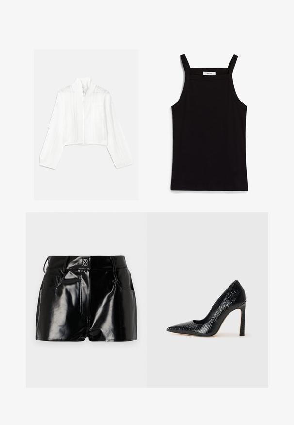 Balts īsais jaku jaku ar augstu apkakli, kurai ir acs akcenti un priekšējā kabata. Izgatavots no teksturēta adīta auduma. Apaļa rāvējslēdzēja vilkšanas cilpa.; Melna tops ar plānām spaghetti siksniņām, izgatavots no ribota auduma, ar taisnu griezumu un uzrakstu uz kakla izgriezuma "IVY OAK."; Melnas, spīdīgas šorti, izgatavoti no sintētiskā materiāla. Iezīmētais viduklis, jostas cilpas un priekšējās kabatas ar izteiktām šuvju detaļām.; Melni augstpapēžu apavi ar norādītu purngalu, ar krokodila ādas tekstūru, izceļoties ar elegantu dizainu, augstu stiletto papēdi un gludu melnu interjeru.