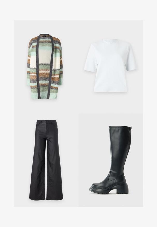 ONLY ONLALYSSA LIFE CARDIGAN - Cardigan - magnet stripes/aqua gray/cloud dancer/hedge green; Light blue short-sleeve t-shirt made of soft cotton. Features a classic round neckline and a relaxed fit, with no patterns or accents.; Black, wide-leg pants in a faux leather material. Features a high waist, belt loops, two front pockets, and stitched detailing.; Tall black leather boot with chunky platform sole and block heel, featuring pull tab and textured tread on outsole.