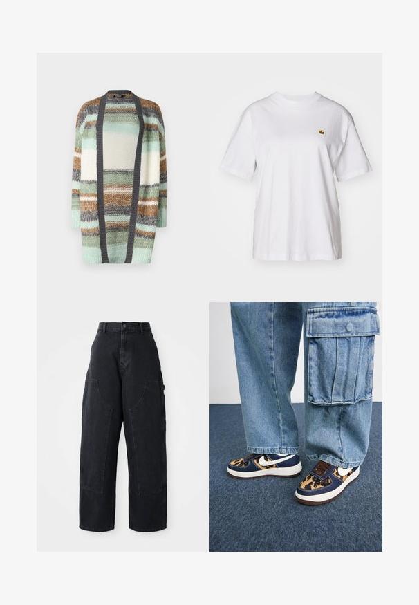 ONLY ONLALYSSA LIFE CARDIGAN - Cardigan - magnet stripes/aqua gray/cloud dancer/hedge green; White cotton t-shirt with a relaxed fit, short sleeves, and a small embroidered logo on the left chest area.; Black denim wide-leg cargo pants with a high waist, two large front pockets, and a button closure at the waist. Smooth texture, casual design.; Navy blue sneakers with leopard print accents, white Nike swoosh, brown laces, and white midsole. Paired with light denim cargo pants.