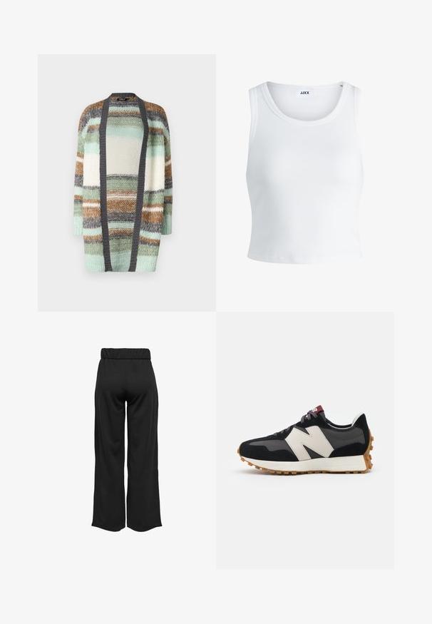ONLY ONLALYSSA LIFE CARDIGAN - Jopica - magnet stripes/aqua gray/cloud dancer/hedge green; Bela rebrasta majica brez rokavov z okroglim izrezom in krajšo dolžino. Oznaka navaja "JJXX." Gladka tekstura tkanine.; Črne hlače širokega kroja z elastičnim pasom, izdelane iz gladkega materiala. Imajo preprost dizajn brez žepov ali vidnih šivov.; Črne in sive semiš športne copate z velikim kremnim logotipom "N", vijoličastimi vezalkami in teksturiranim gumijastim podplatom.