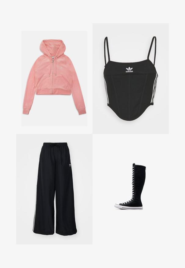 Hoodie cropped rosa feito de tecido macio e peludo. Possui um fecho de correr frontal, capuz com cordão e dois bolsos frontais com detalhe de logótipo.; Top crop preto canelado com alças finas ajustáveis, apresentando três riscas brancas nas laterais e um pequeno logótipo branco da Adidas ao centro.; Calças largas pretas feitas de um tecido leve. Apresenta uma cintura elástica com cordão e riscas brancas laterais. Logótipo da marca na anca.; Tênis de cano alto pretos com um design alto, feitos de lona. Apresentam atacadores brancos, costura e uma sola de borracha com biqueira.