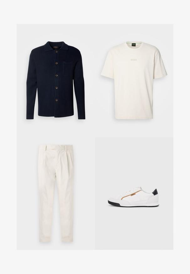 Temno modra srajca z gumbom, izdelana iz teksturiranega blaga, z ovratnikom, sprednjim žepom in rjavimi gumbi.; BOSS TEE - Navadna majica - open white; Bele, plisirane hlače s krojenim prileganjem, z gladko teksturo, z zankami za pas in ožjimi hlačnicami. Brez vidnih žepov ali vzorcev.; Bele športne čevlje z mrežnimi in usnjenimi detajli. Opremljeni so z zlatim logotipom "BOSS", teksturiranimi stranskimi paneli in črnim kapcom na peti. Guma podplat.