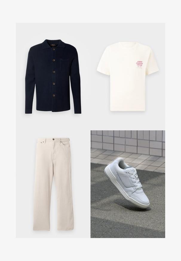 Tamno plavi košulja s dugim rukavima od teksturiranog materijala, s ovratnikom, prednjim džepom i smeškastim dugmadi.; Bijela kratka majica s kratkim rukavima s crvenim natpisom "Studio Originals Edition" na lijevoj strani grudi, prikazana na neutralnoj sivoj pozadini.; Bež kordura hlače s ravnim krojem, s rebrastom teksturom, dizajnom s pet džepova i zatvaranjem na gumbi.; Bijele kožne tenisice s perforiranim bočnim dijelovima, teksturiranim akcentima, ravnim vezicama i kontrastnim sivim petom. Imaju blago povišenu potplat.