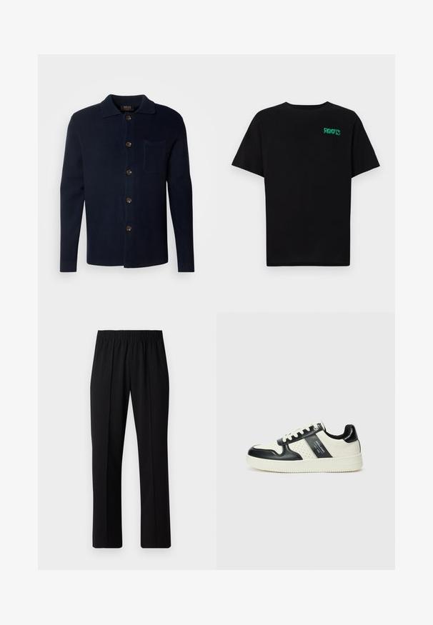 Dunkelblaues Button-up-Hemd aus strukturiertem Stoff, mit Kragen, Brusttasche und braunen Knöpfen.; Schwarzes T-Shirt aus Baumwolle mit kurzen Ärmeln. Auf der Vorderseite befindet sich ein grünes "ROOTS"-Logo, es hat einen runden Halsauschnitt und eine normale Passform.; Schwarze, Gummibund-Hosen mit geradem Schnitt, die eine glatte Textur aufweisen und keine sichtbaren Muster oder Beschläge haben.; Leder-Sneaker in Schwarz- und Cremetönen, mit perforierten Akzenten, einem gepolsterten Kragen und einer strukturierten Laufsohle.