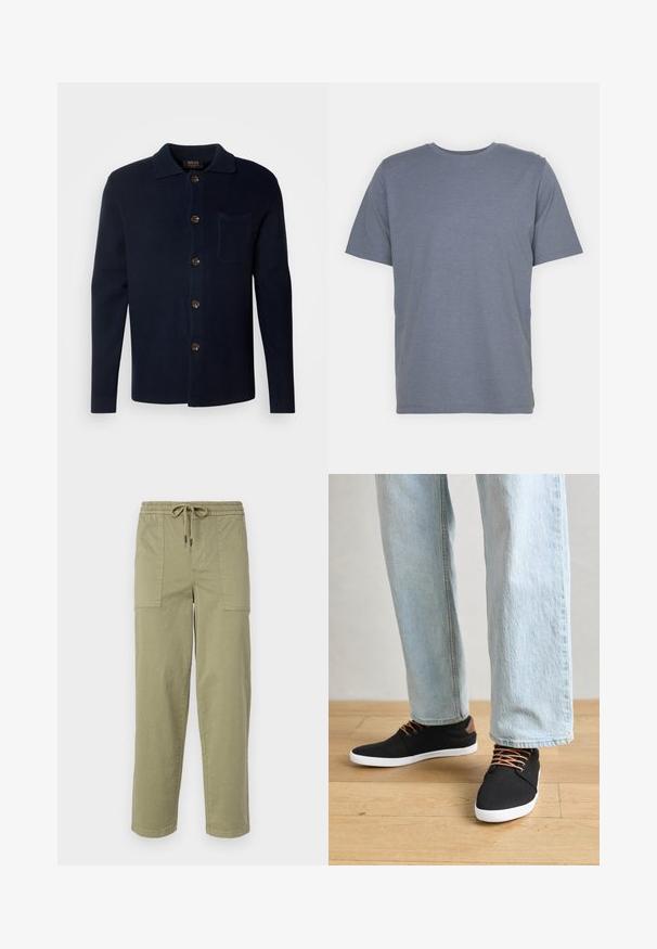 Dark navy button-up shirt made of textured fabric, featuring a collar, front pocket, and brown buttons.; Gray short-sleeve T-shirt with a round neck, made of soft cotton blend fabric. Simple design, no patterns or accents.; Light olive green pants made of cotton blend fabric, featuring an elastic waistband with drawstring, and two large side pockets.; Black canvas sneakers with brown accents, white rubber soles, and brown laces, paired with light blue straight-leg jeans. Wood floor background.