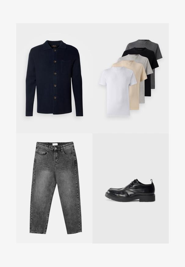 Camisa de botão azul marinho escura, feita de tecido texturizado, com colarinho, bolso frontal e botões castanhos.; Conjunto de cinco t-shirts de manga curta nas cores branco, bege, cinza claro, cinza escuro e preto. Feitas de algodão suave, com design de gola redonda.; Jean straight-leg preto deslavado com bolsos frontais e traseiros, passantes para cinto e fecho de botão na cintura.; Sapatilha de pele preta com bico arredondado, frente com atacadores e uma costura decorativa. Apresenta uma sola de borracha grossa e texturizada e um tab de calcanhar.