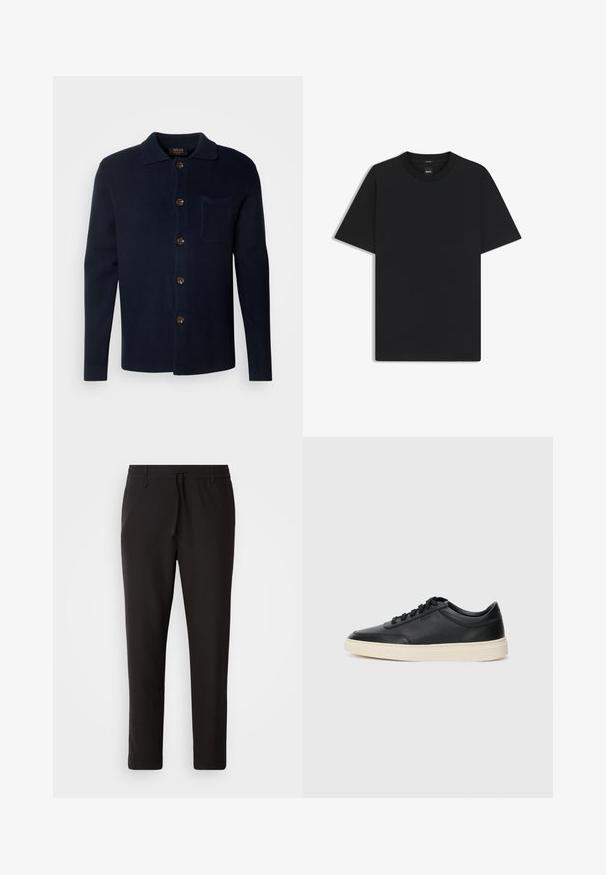 Dark navy button-up shirt made of textured fabric, featuring a collar, front pocket, and brown buttons.; Black short-sleeve T-shirt made from a smooth cotton blend, featuring a crew neckline and a minimalistic design with no patterns or accents.; Black jogger pants made of smooth fabric. Feature an elastic waistband with a drawstring, tapered legs, and no visible pockets. Simple design.; Black low-top leather sneaker with black laces and off-white sole shown in side profile on white background.