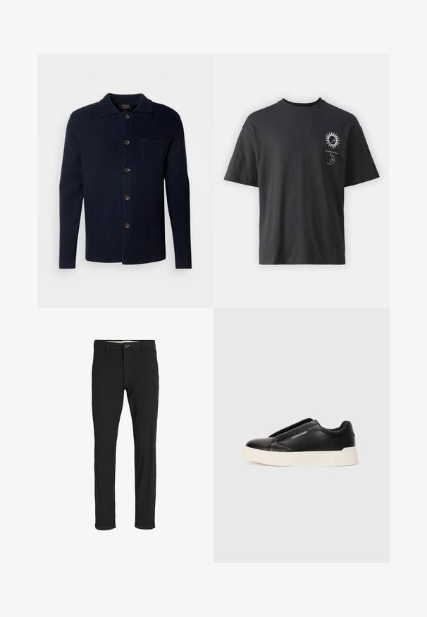 Mørkeblå skjorte med knapper lavet af struktureret stof, med krave, brystlomme og brune knapper.; Sort bomulds T-shirt med korte ærmer, rund hals og frontgrafik af en sol og måne, ledsaget af teksten "Le Soleil et La Lune."; Sorte bomuldsblandede bukser med slim fit, der har en knaplukning, lommer og opbrugte stumper for et afslappet udtryk.; Sort slip-on sneakers med tekstureret læderoverdel, hvid gummisål og uden synlige snørebånd. Har brandlogo på siden.