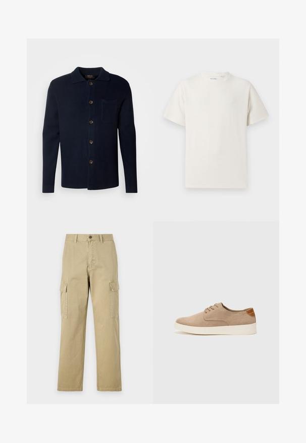 Donker blauwe overhemdd met een gestructureerde stof, voorzien van een kraag, een borstzak en bruine knopen.; Witte korte mouwen T-shirt met ribbelstructuur. Ronde hals, ontspannen pasvorm, geen zichtbare patronen of accenten. Eenvoudig en veelzijdig ontwerp.; Beige cargobroek van katoen, met twee zijzakken, een knoopsluiting en rechte pijpen van een licht gestructureerde stof.; Beige suède sneakers met een ronde neus, vetersluiting aan de voorkant en een getextureerde achteraccent. De witte rubberen zool zorgt voor contrast. Eenvoudig en modern ontwerp.