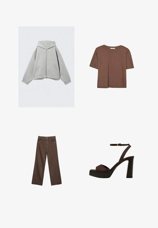 Grauer Reißverschluss-Hoodie aus weichem Baumwollmix, mit Kapuze, Kängurutaschen und gerippten Bündchen. Lockerer, oversized Schnitt.; Braunes, kurzärmliges T-Shirt aus weichem Material mit rundem Halsausschnitt und lockerer Passform. Keine sichtbaren Muster oder Akzente.; Weite braune Jeans aus Denim, mit hoher Taille, Fronttaschen und klassischem Knopfverschluss. Glatte Textur mit feinen Nähten.; Braune Wildleder-Pumps mit offenem Zeh, verstellbarem Knöchelriemen und gestreiftem Plateausohlen.